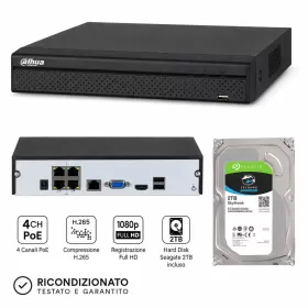 Dahua NVR 4 CANALI POE CON HARD DISK DA 2TB GIA INSTALLATO, Prodotto ricondizionato NVR4104HS-P-4KS2