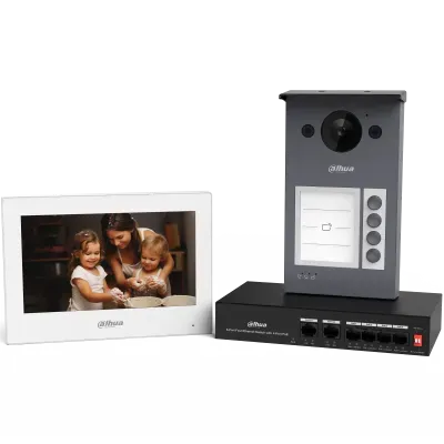 Dahua KTP10 Kit Videocitofonico IP/Wi-Fi con VTO3311Q-WP, monitor bianco VTH2621GW-WP e switch PoE 4 porte 36 W PFS3006-4ET-36.