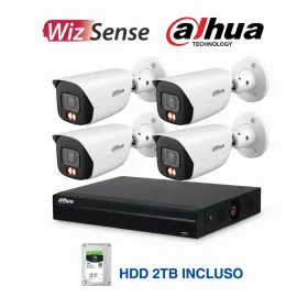 Kit Videosorveglianza Dahua 4 Telecamere Bullet IP 4MP 3.6mm WizSense Smart Dual Light NVR 8 Canali PoE HDD 2TB
